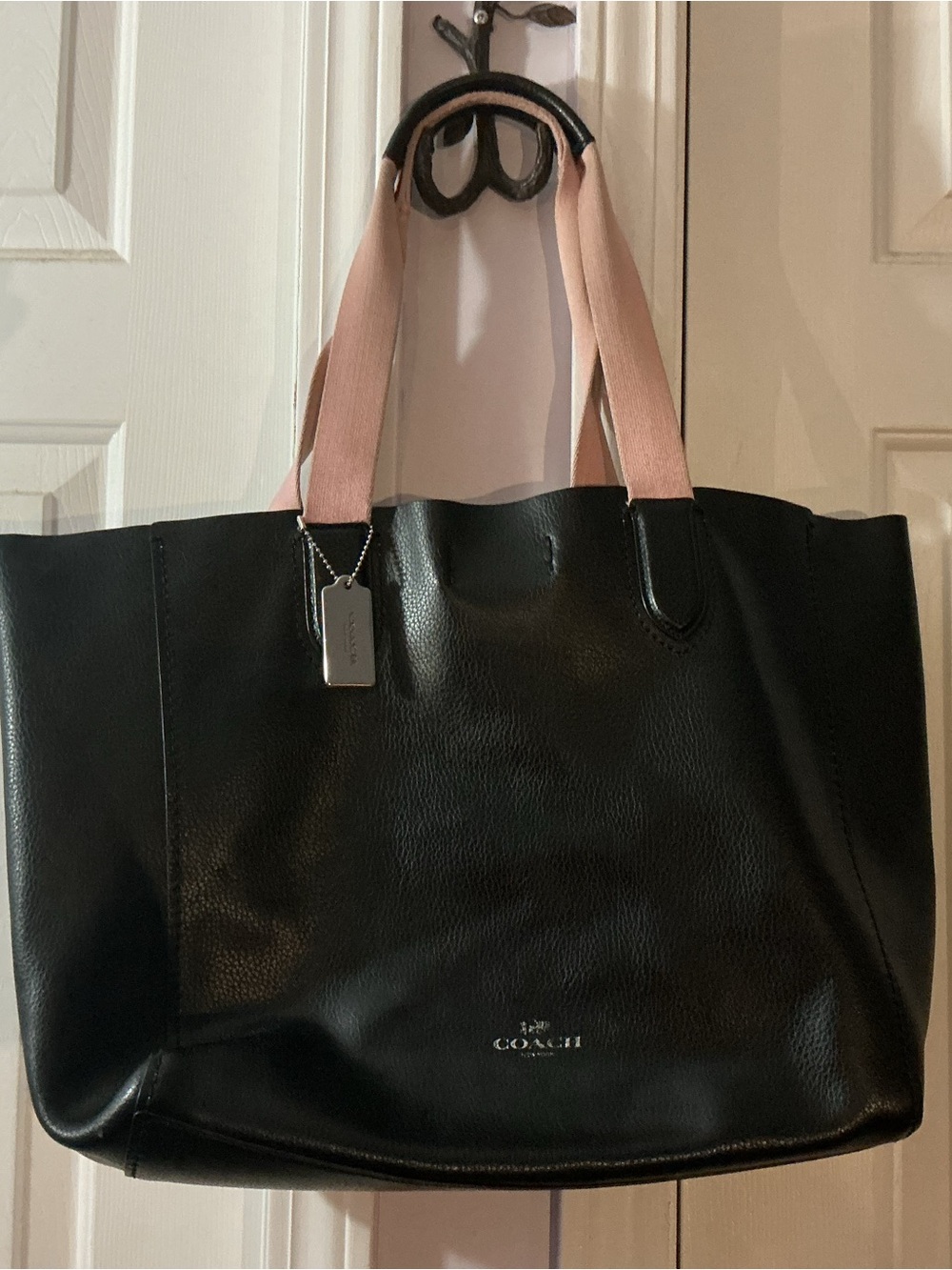 Coach Black Leather Tote with Pink Web Handles